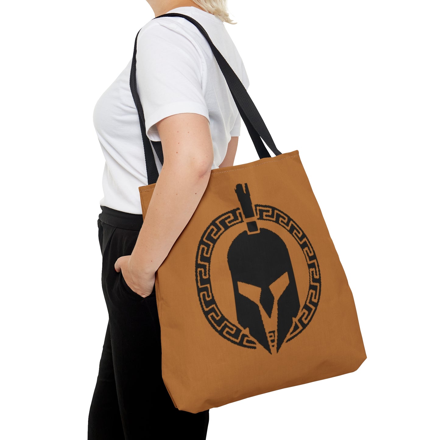 Sparta Bag - Black Helmet on Light Brown Tote Bag (AOP)