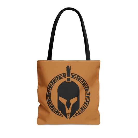 Sparta Bag - Black Helmet on Light Brown Tote Bag (AOP)