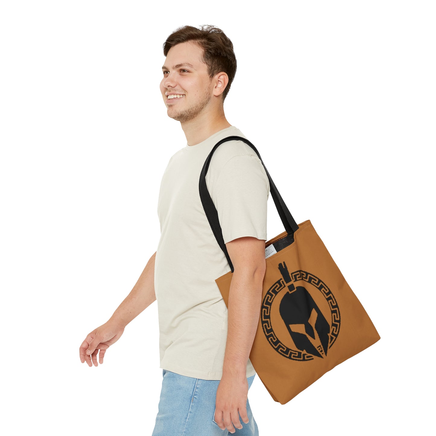 Sparta Bag - Black Helmet on Light Brown Tote Bag (AOP)