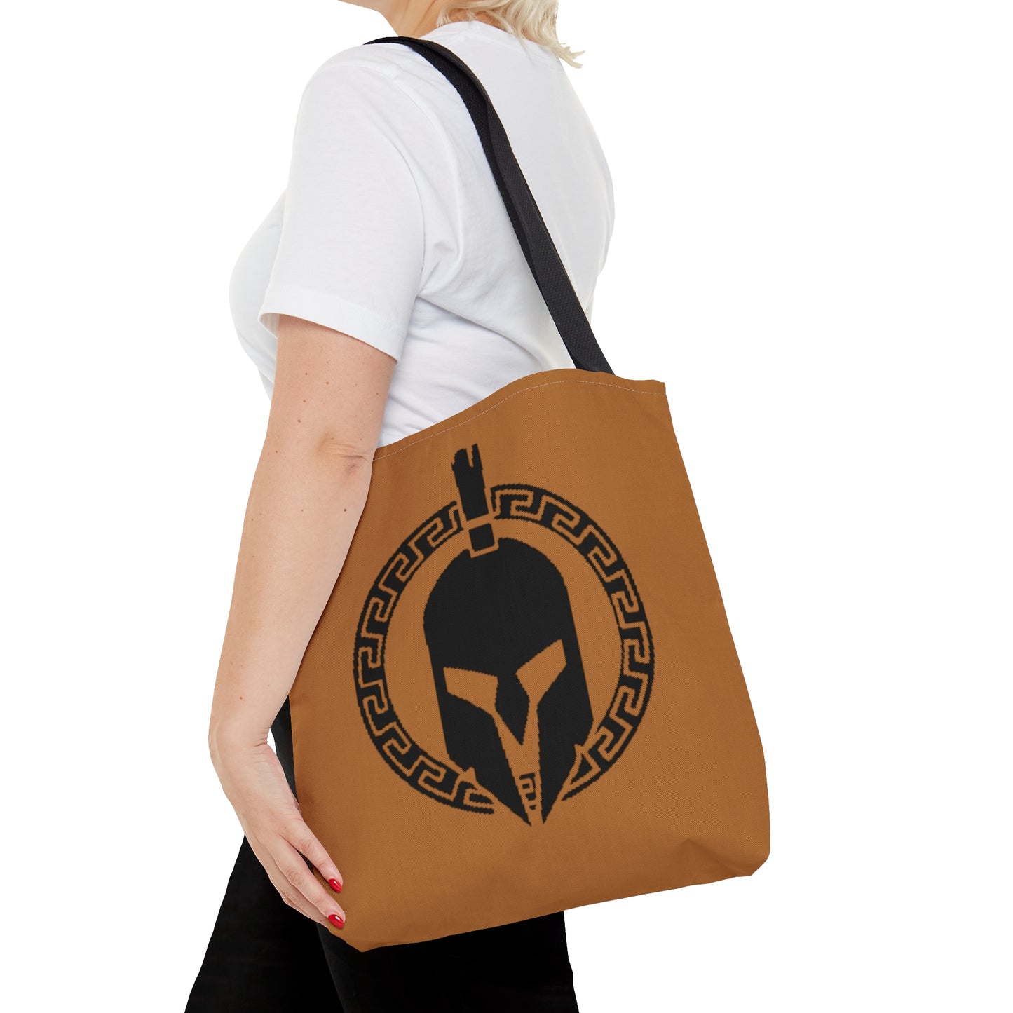 Sparta Bag - Black Helmet on Light Brown Tote Bag (AOP)