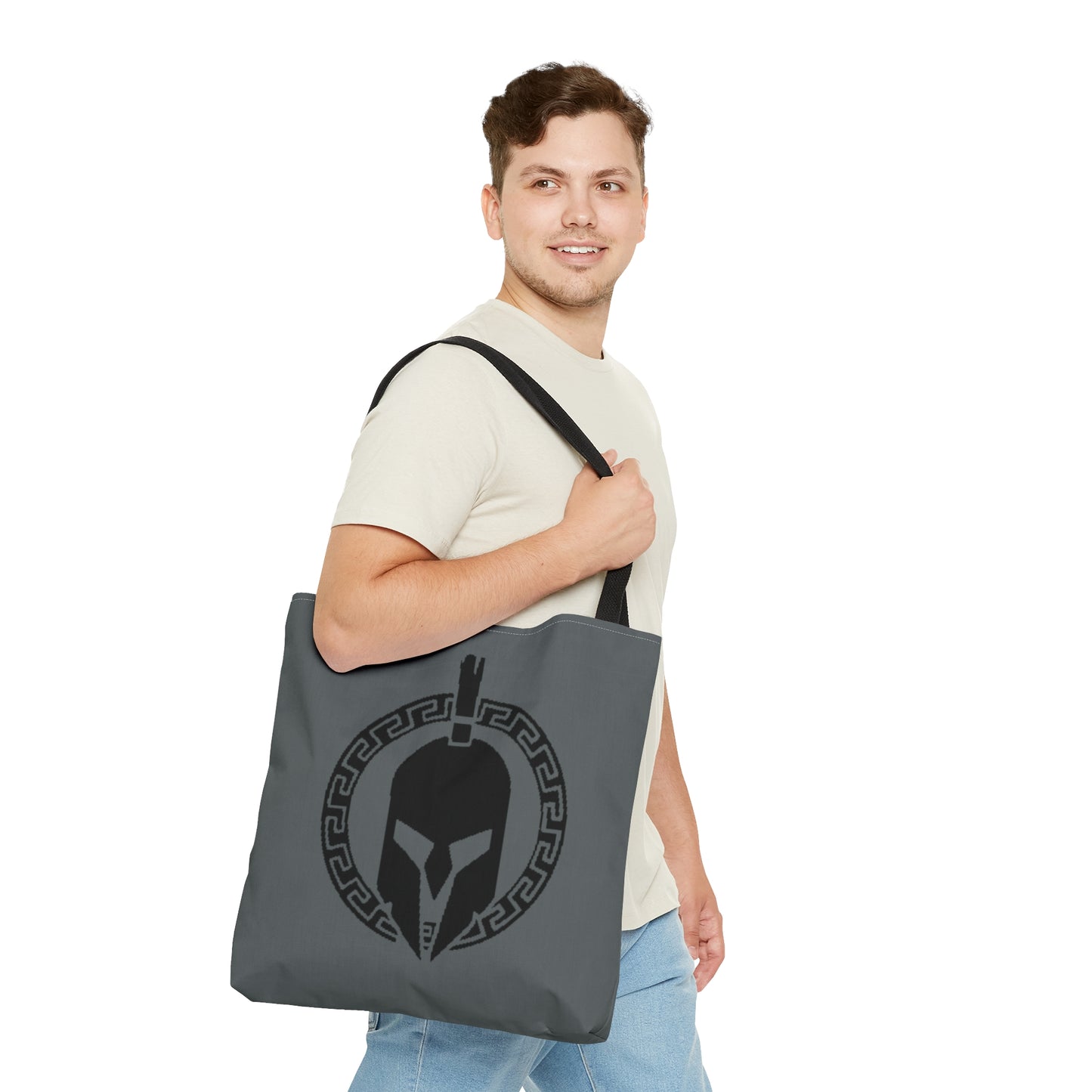 Sparta Bag - Black Helmet on Grey Tote Bag (AOP)