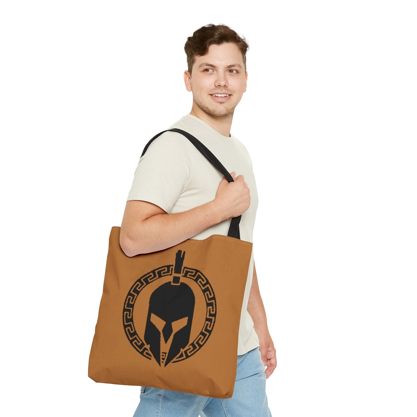 Sparta Bag - Black Helmet on Light Brown Tote Bag (AOP)